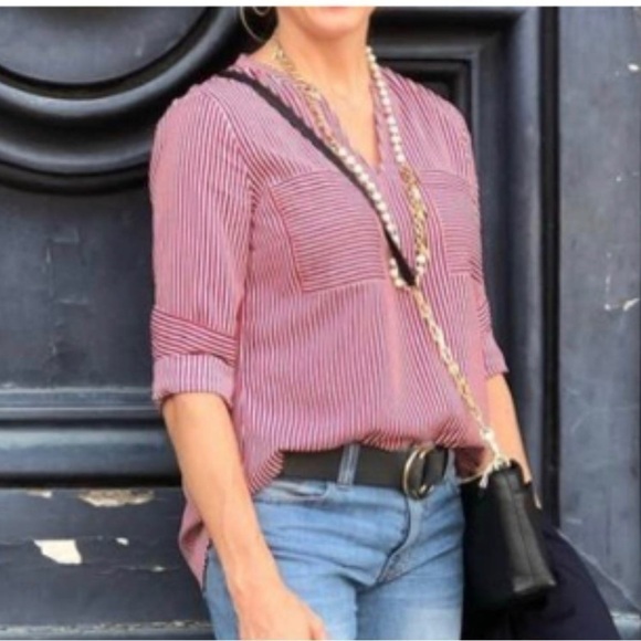 CAbi 5335 Franklin Striped Long Sleeve Spilt V Neck Blouse - Picture 2 of 14